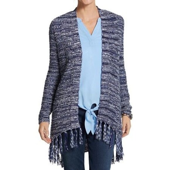 Chico's Anniston Blue Striped Fringe Long Sleeve Cardigan Women's Sz 0 NWT - Picture 1 of 7